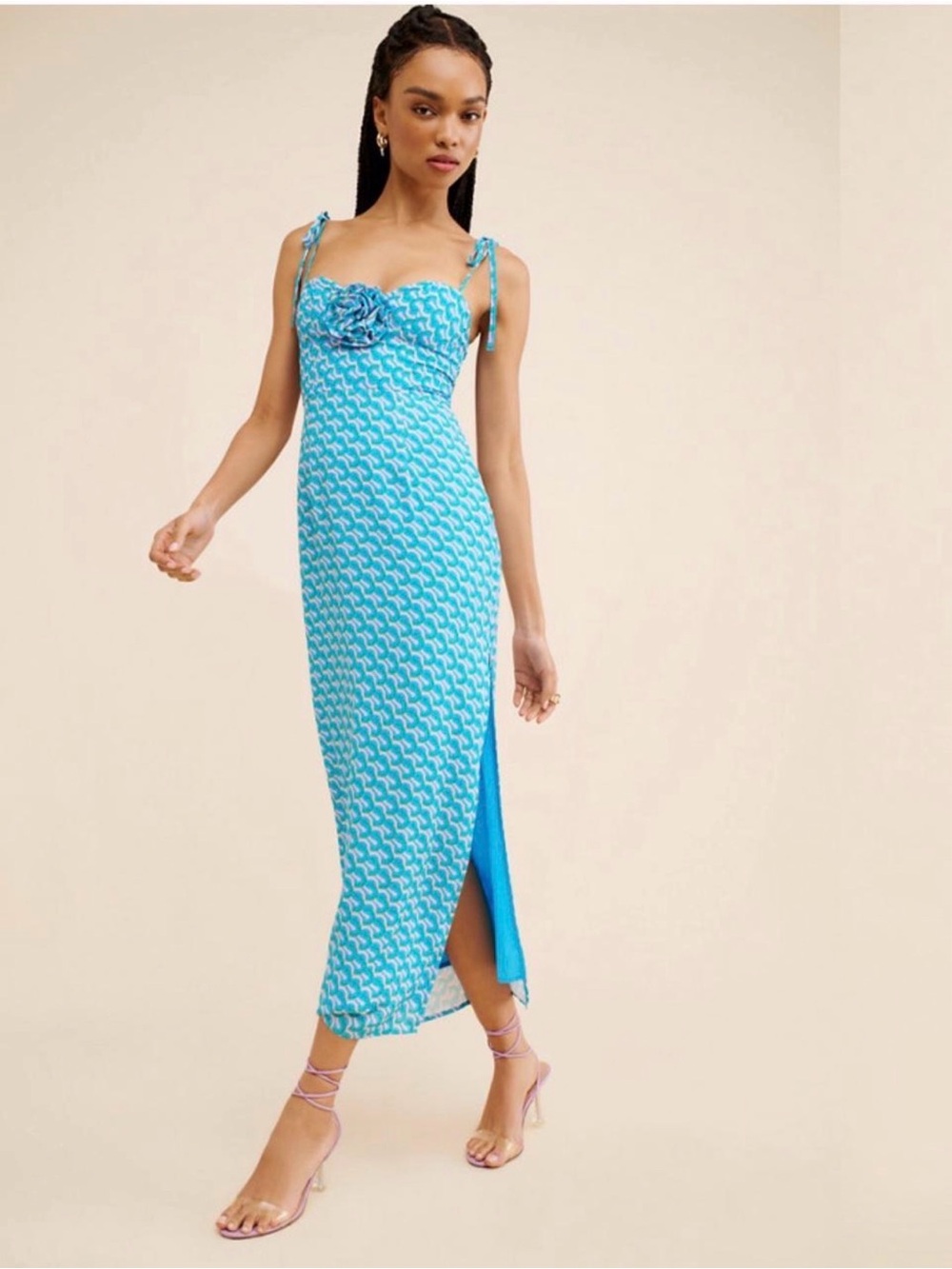 The Frolic Blue Printed Midi Dress Size Medium